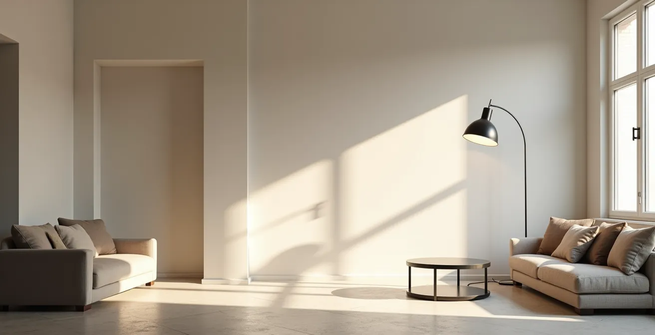Salotto minimalista italiano con lampada Arco di Flos come elemento focale