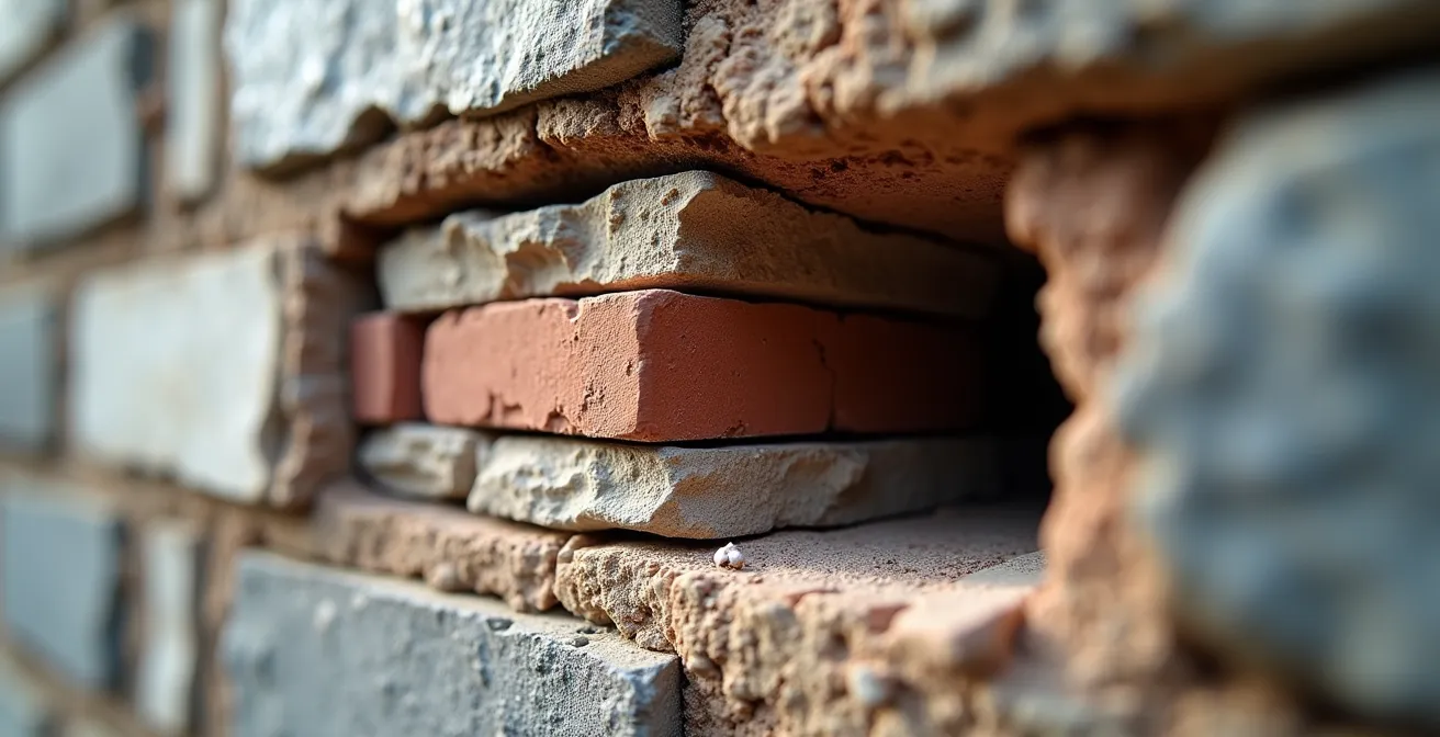 Dettaglio ravvicinato di analisi diagnostica su muro portante storico