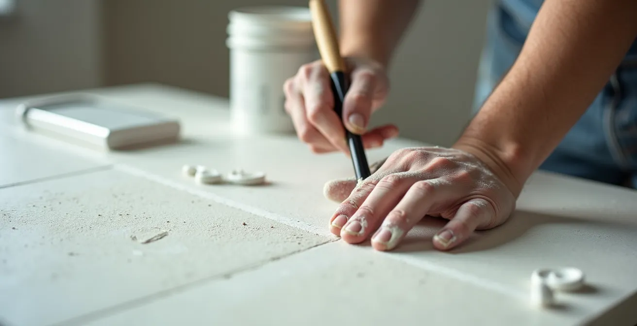 Dettaglio ravvicinato della preparazione di una parete in cartongesso con primer per calce