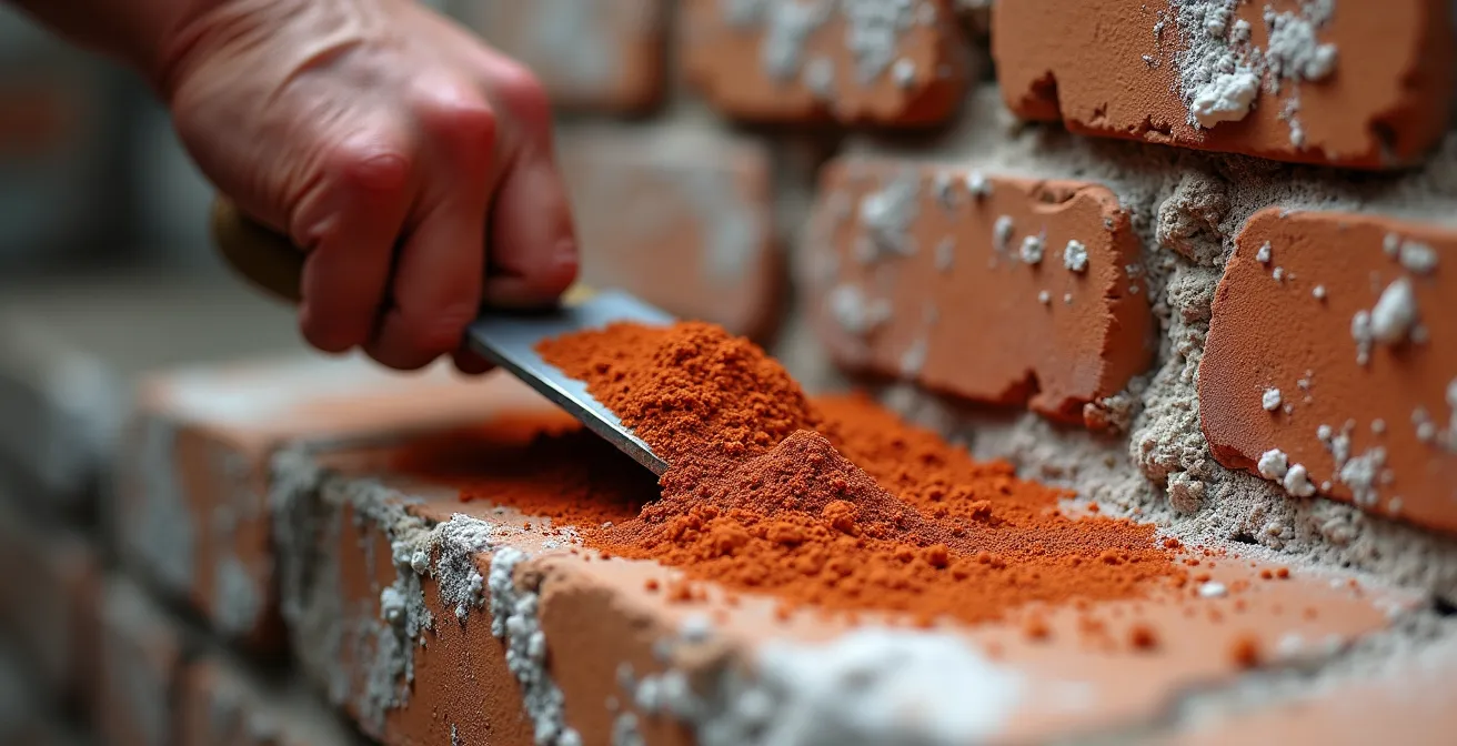 Dettaglio macro dell'applicazione del rinzaffo antisale su muratura storica italiana