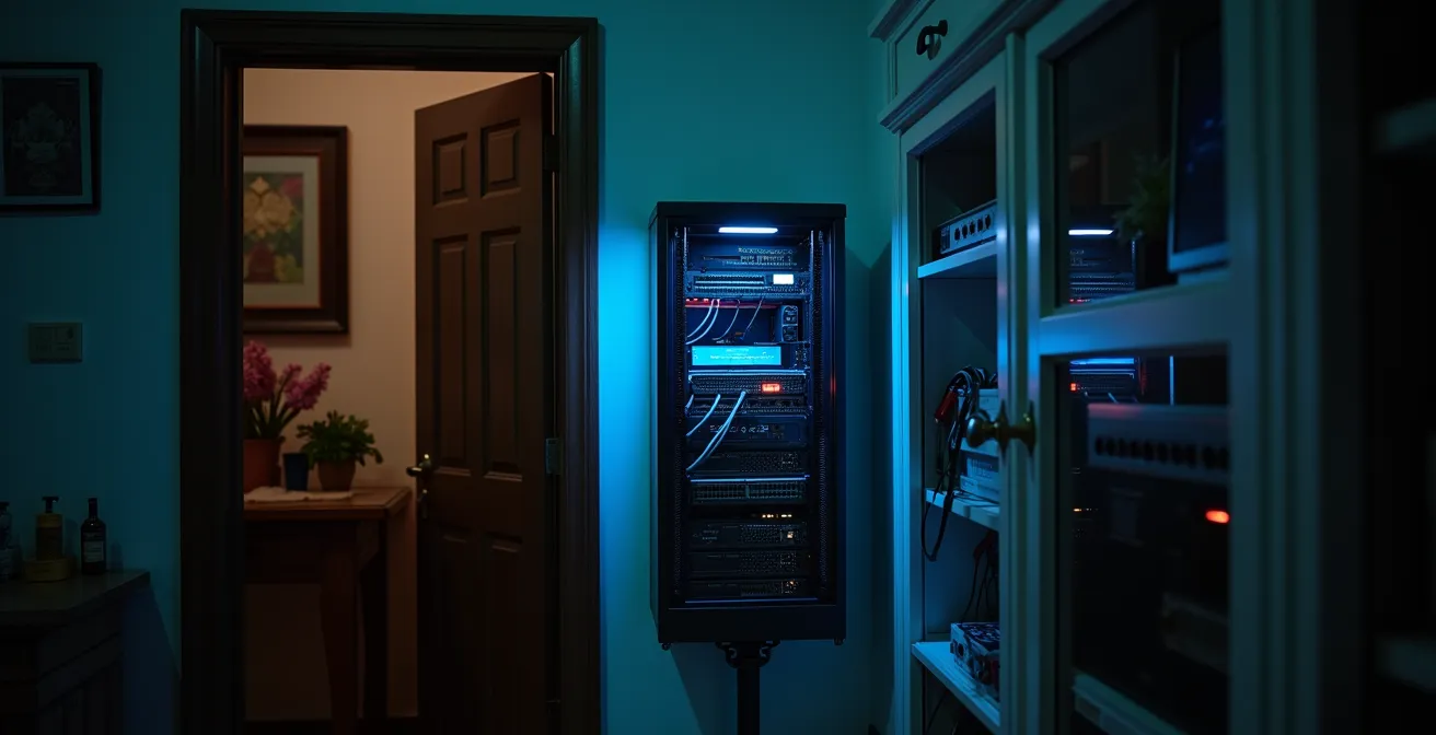 Armadio rack compatto installato in un ripostiglio con dispositivi di rete organizzati