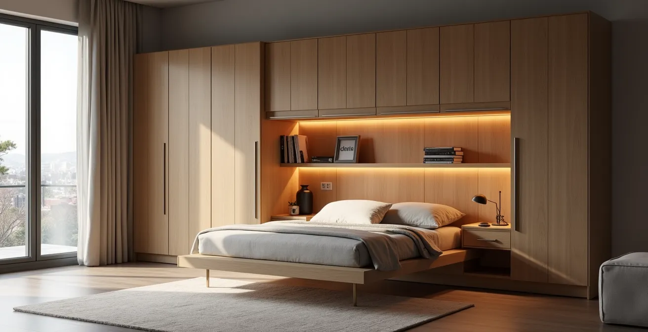 Vista ampia di monolocale con mobile multifunzione che integra letto a scomparsa e zona studio