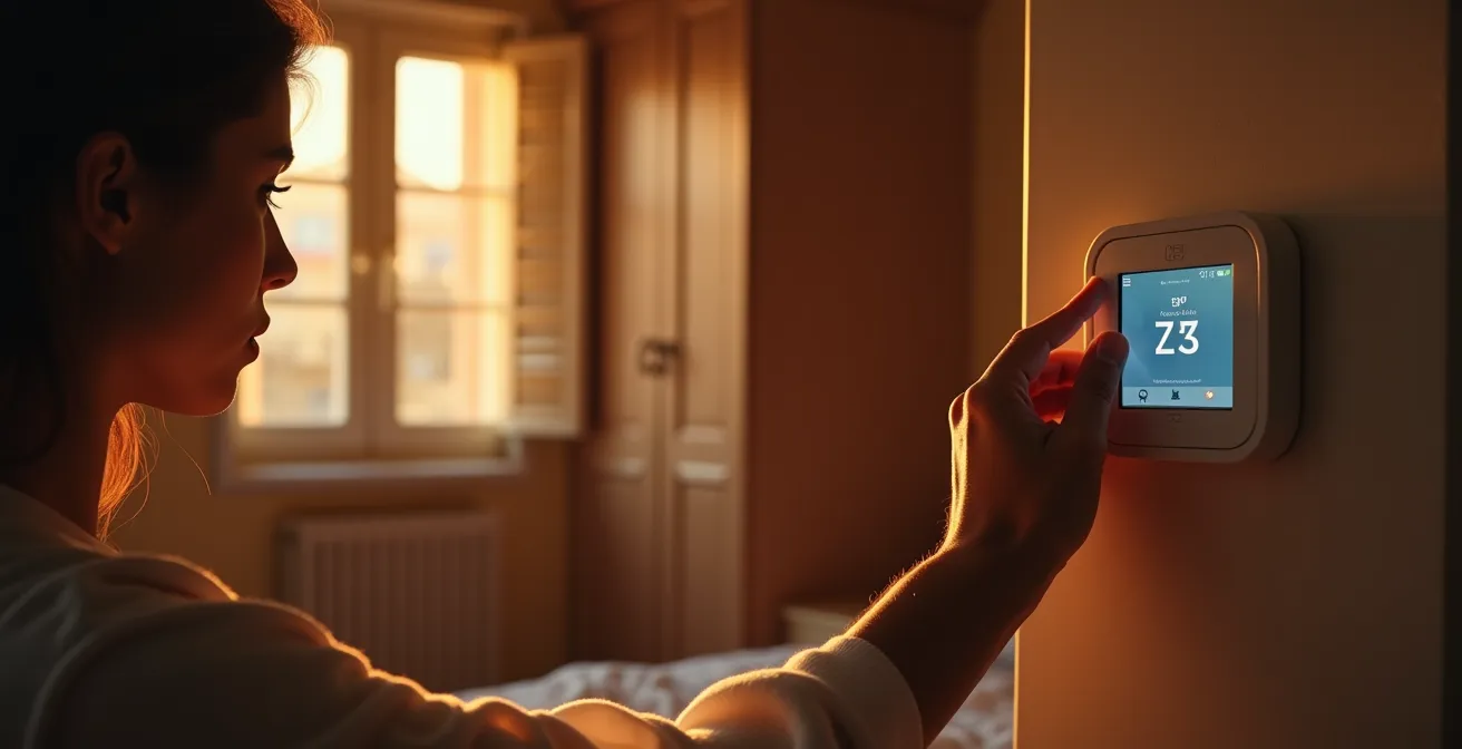 Camera da letto italiana con termostato smart che mostra temperatura 18 gradi