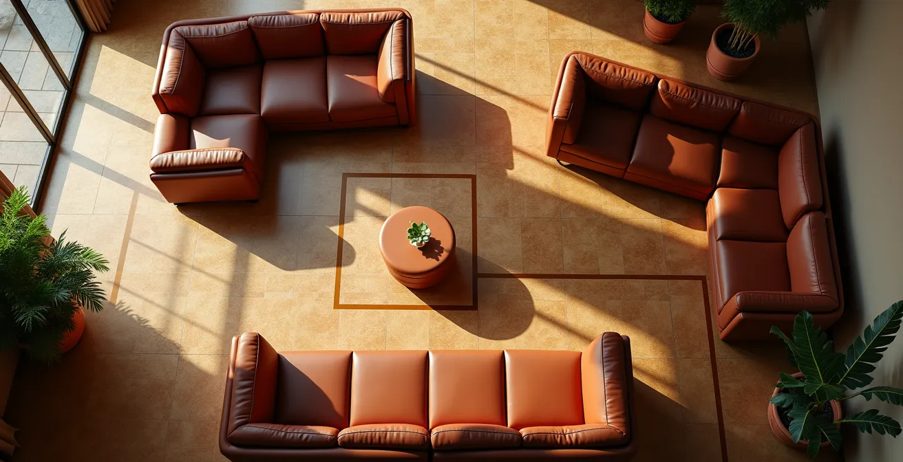 Vista dall'alto di salotto con divano modulare e flussi di passaggio ottimizzati