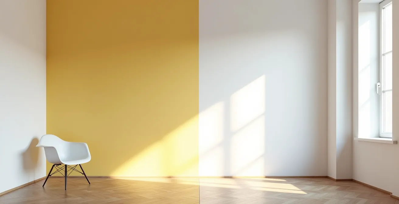 Parete divisa a metà mostrando l'effetto freddo del bianco ottico a sinistra e l'atmosfera accogliente del bianco caldo a destra, illuminati da luce nordica.