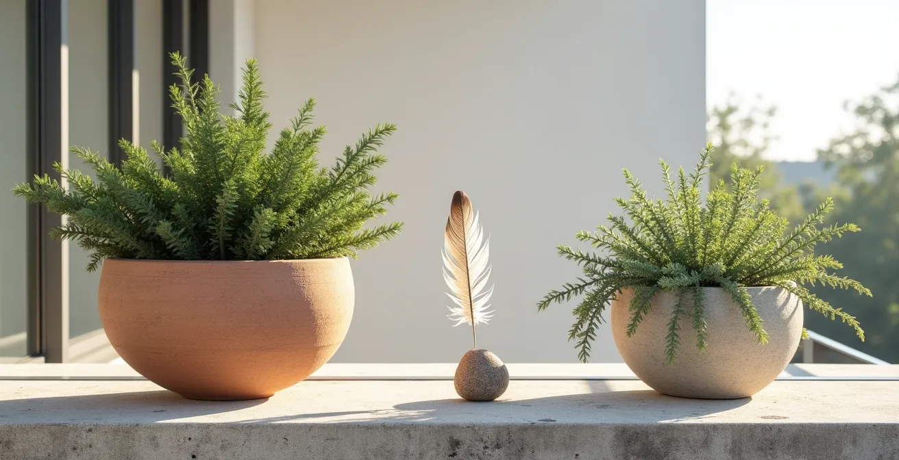 Confronto visivo tra vasi leggeri in resina e fibra di vetro su balcone urbano
