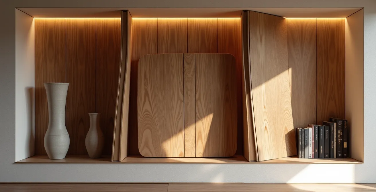 Sistema di conservazione elegante per allunghe di tavolo in nicchia murale con illuminazione