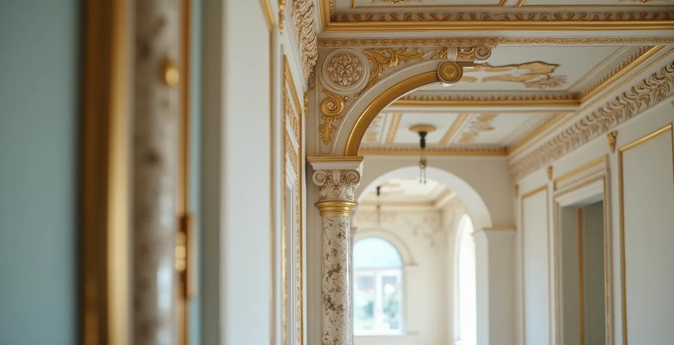 Dettaglio ravvicinato di soffitto a cassettoni originale preservato durante divisione appartamento d'epoca