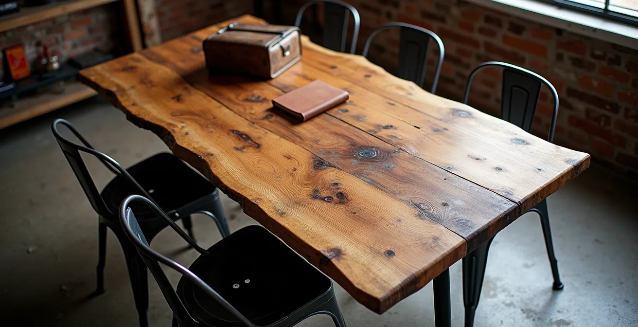 Tavolo in legno massello grezzo con sedie in metallo nero in stile industrial chic