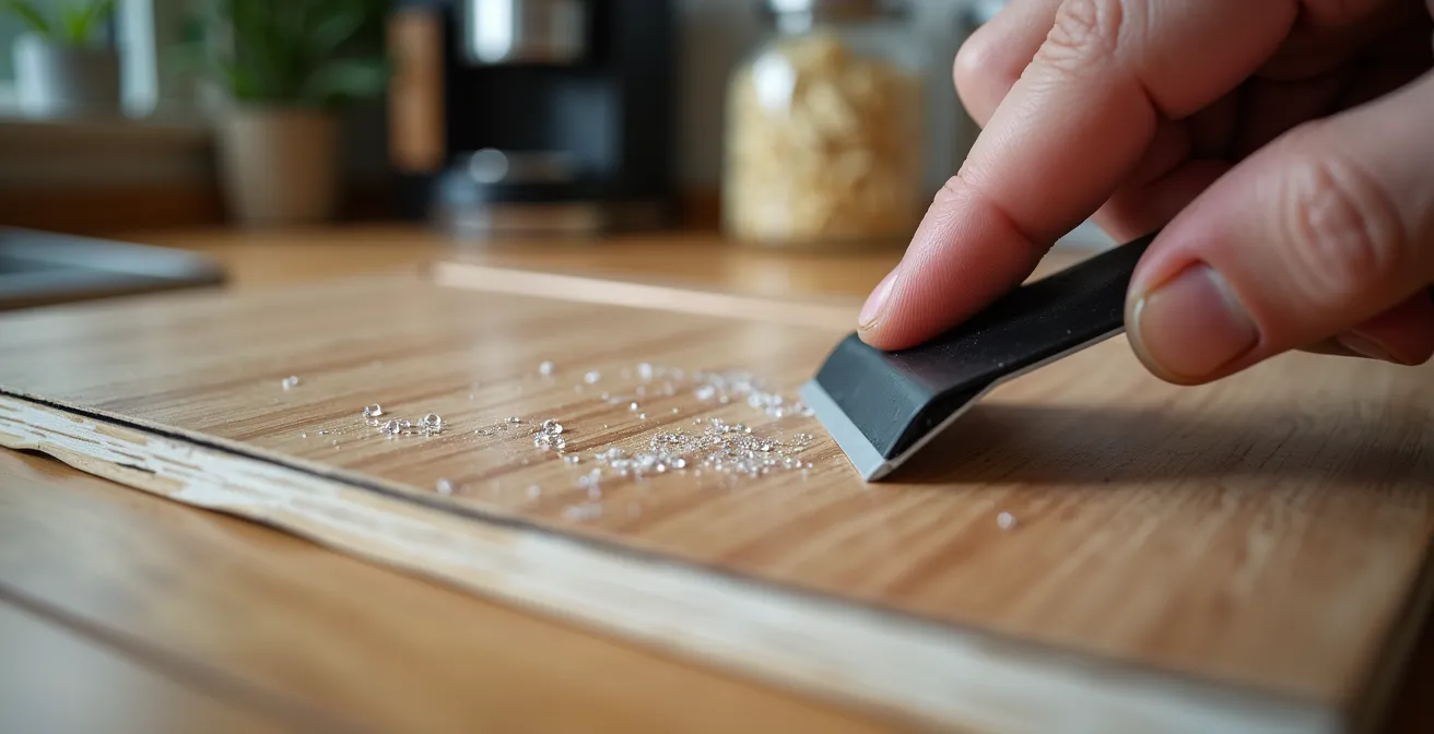 Cucina italiana trasformata con pellicole adesive effetto legno su ante e piano lavoro