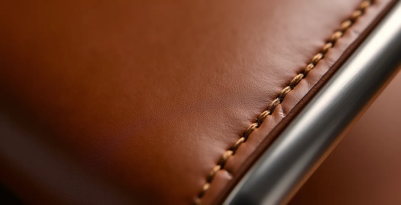 Dettaglio macro della texture del cuoio e delle cuciture di una poltrona di design italiana