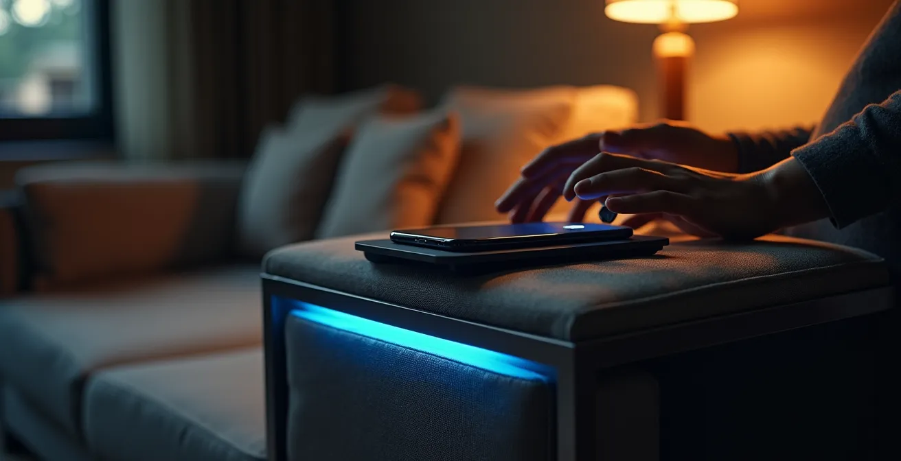 Bracciolo di divano moderno con modulo USB e porta di ricarica wireless integrata