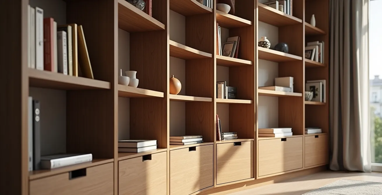 Libreria divisoria in legno chiaro che separa elegantemente zona giorno e zona notte in un open space