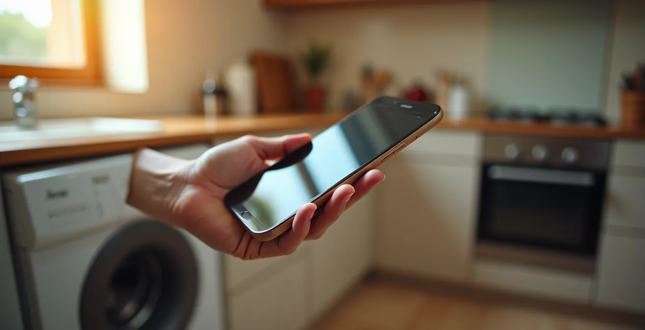 Mano che regola impostazioni energetiche su smartphone con elettrodomestici sfocati sullo sfondo