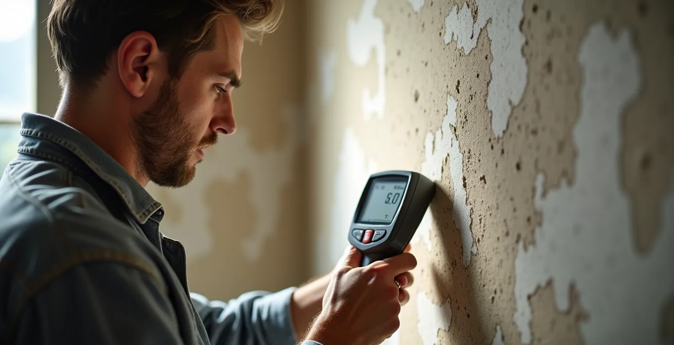 Tecnico che utilizza igrometro professionale su intonaco a calce in maturazione