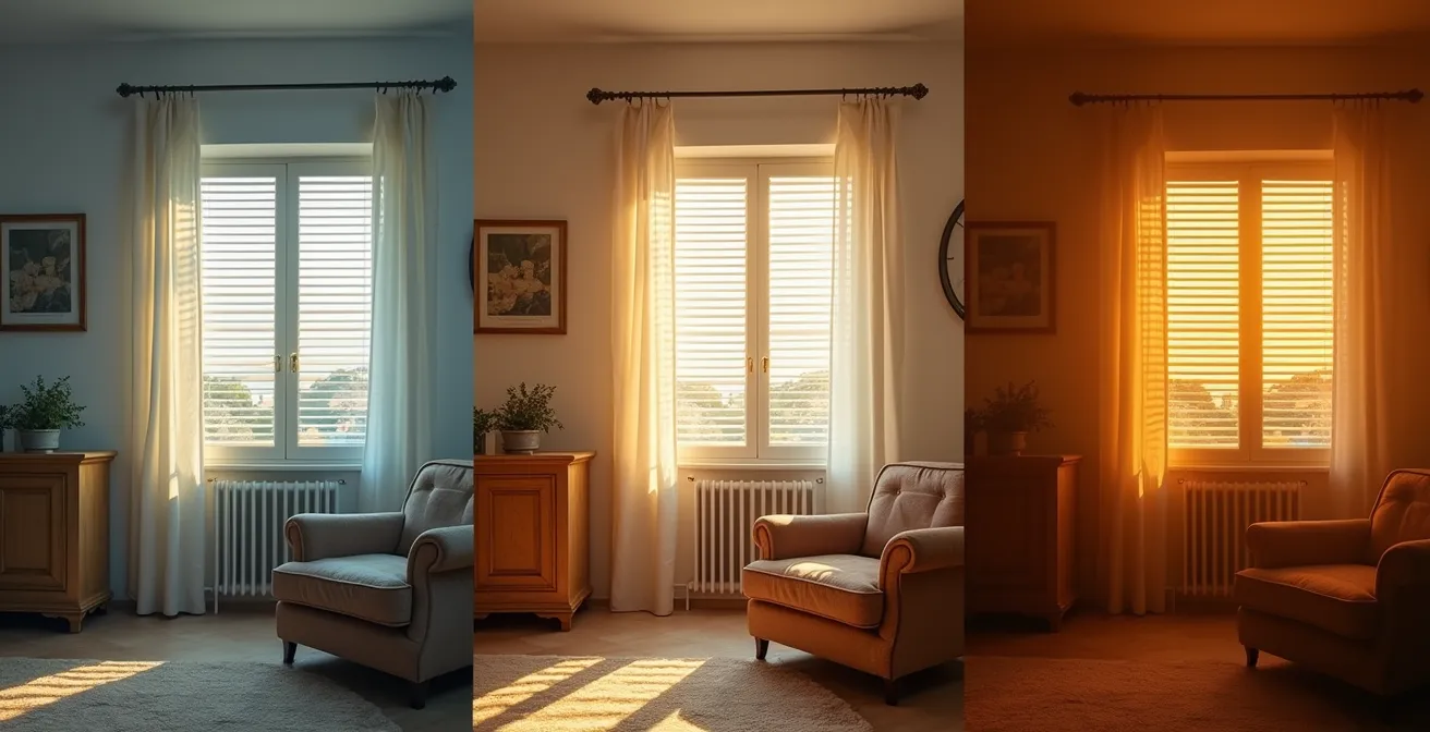 Sequenza temporale di illuminazione dal mattino alla sera in ambiente domestico