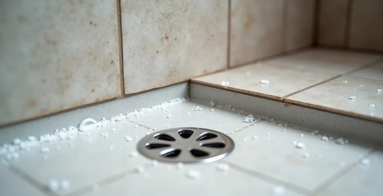 Vista ravvicinata dell'angolo di una doccia a filo pavimento con dettagli di impermeabilizzazione