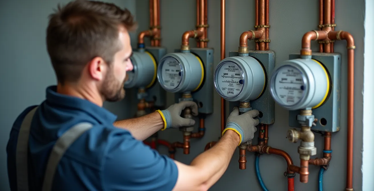 Tecnico che installa contatori elettrici separati in un vano tecnico durante il frazionamento di un appartamento