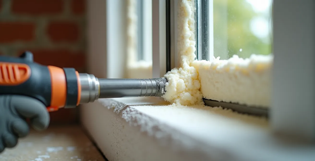 Dettaglio tecnico dell'insufflaggio di schiuma isolante nel controtelaio di una finestra