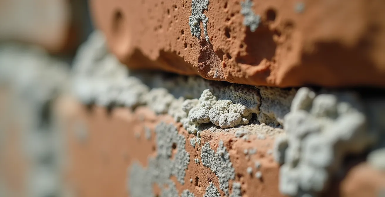 Dettaglio macro di malta a calce naturale applicata su muratura antica in pietra