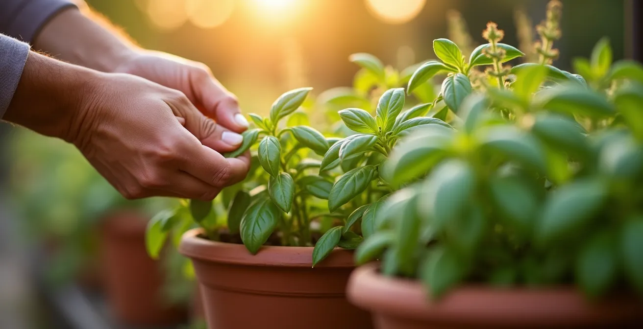 Mani che cimano delicatamente le foglie apicali di basilico in un vaso di terracotta
