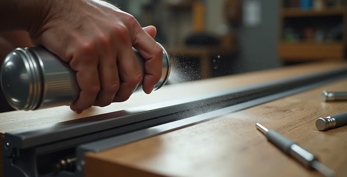 Dettaglio ravvicinato della manutenzione delle guide in alluminio di un tavolo allungabile