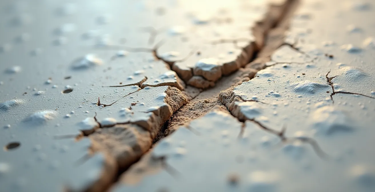 Vista ravvicinata di crepa diagonale a 45 gradi su muro interno di abitazione