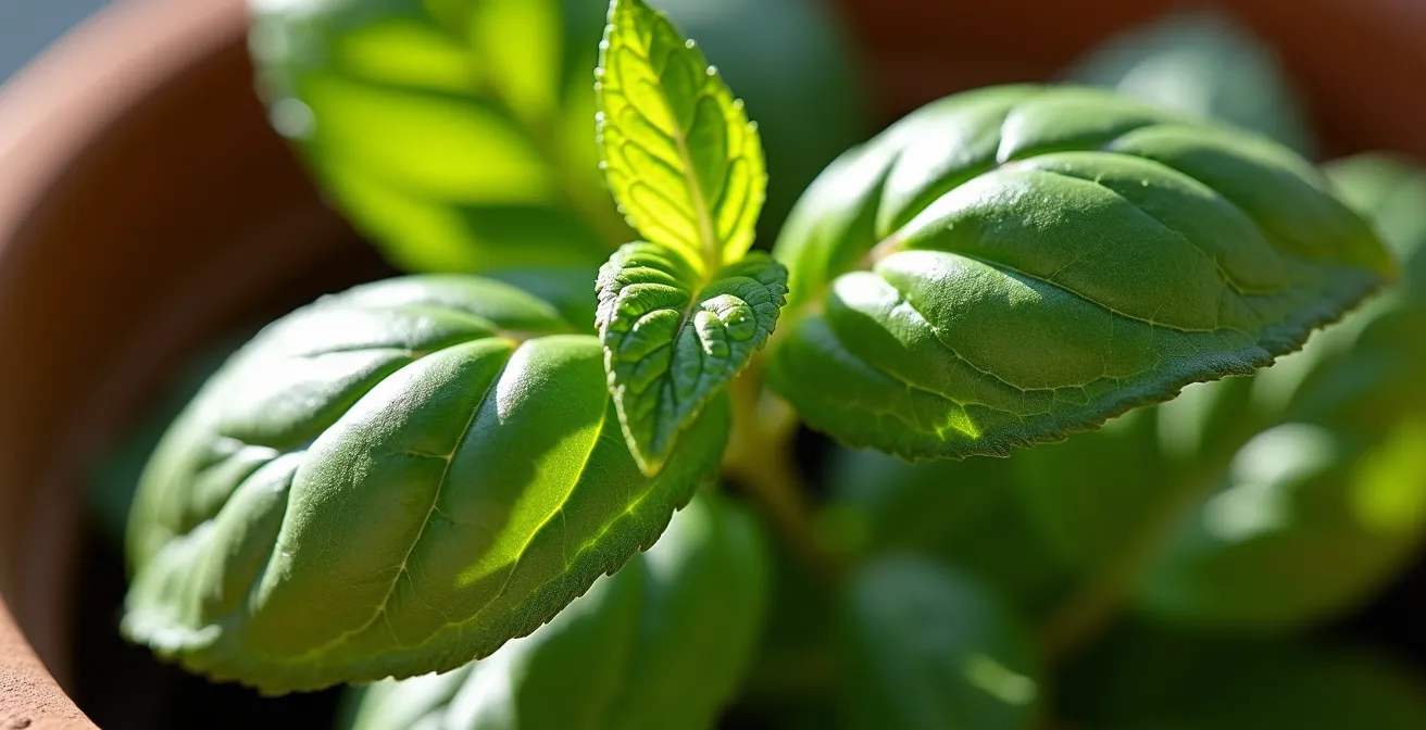 Vista macro di foglie di basilico e menta con giochi di luce e ombra naturali