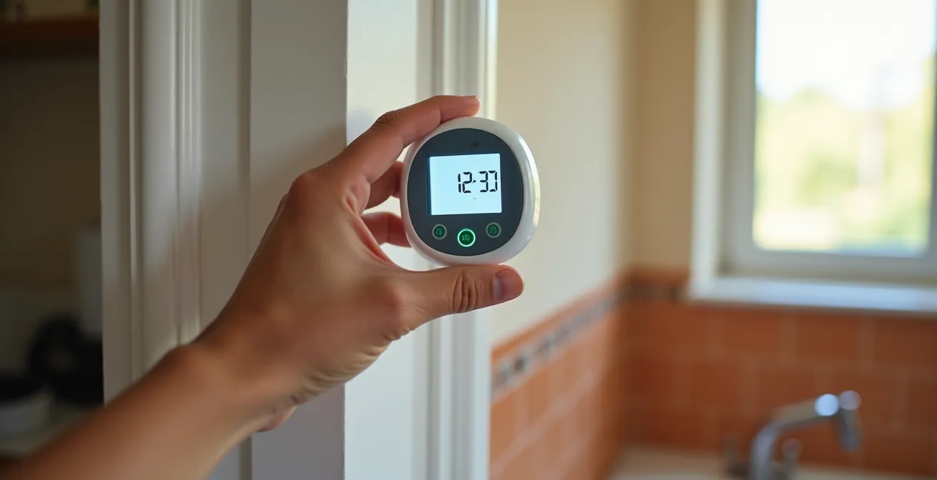 Mano che tiene un igrometro digitale vicino all'angolo di una stanza italiana con leggeri segni di umidità