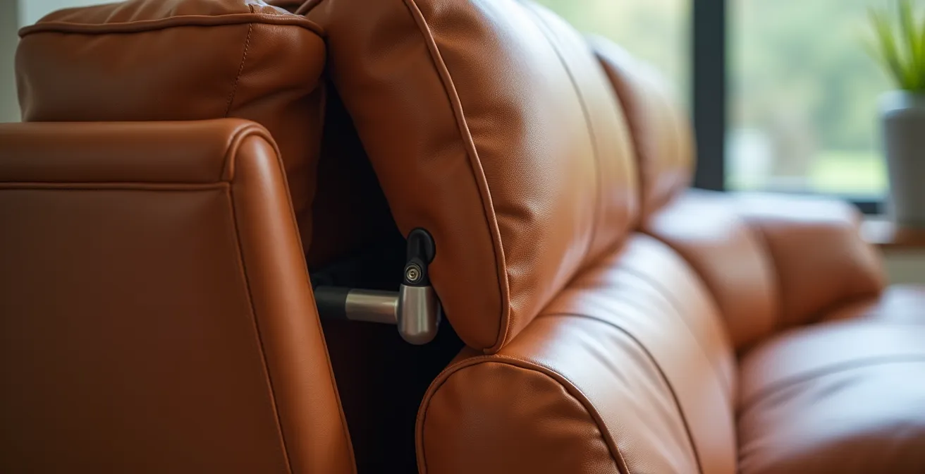 Dettaglio del meccanismo di un poggiatesta reclinabile su divano moderno italiano in pelle