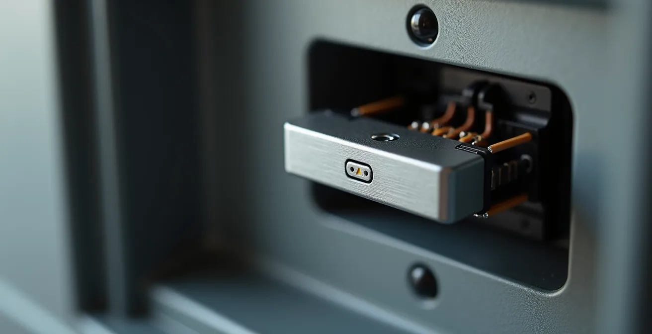 Dettaglio macro di un modulo smart installato dietro un interruttore tradizionale italiano