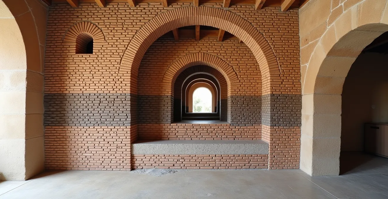 Sezione verticale di un muro italiano che mostra il progressivo processo di asciugatura con diverse zone di umidità