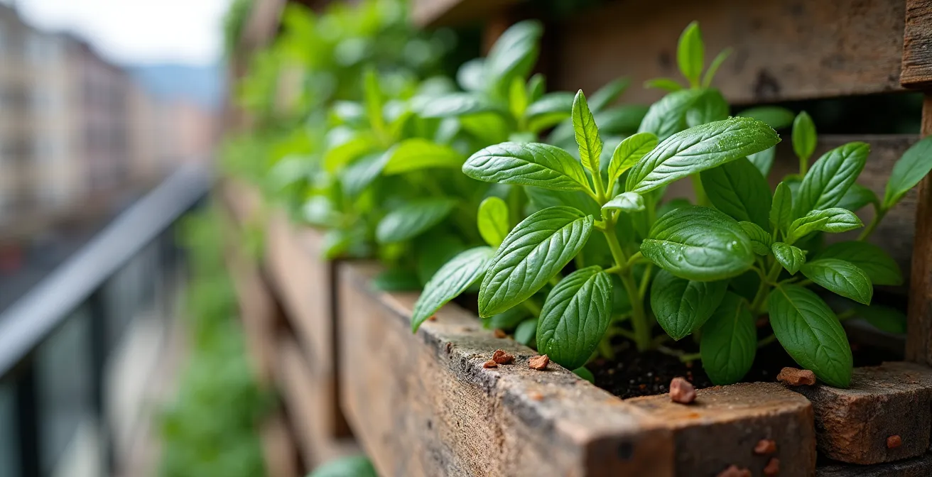 Sistema di orto verticale con pallet su balcone stretto con erbe aromatiche e insalate