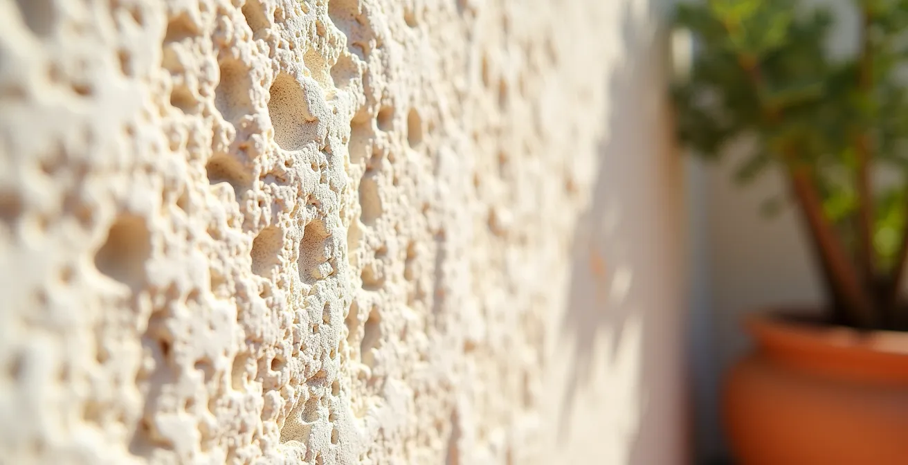 Dettaglio macro di superficie in calce naturale con texture porosa traspirante