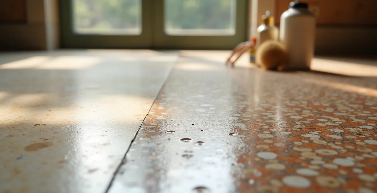 Dettaglio ravvicinato di pavimento in graniglia veneziana durante il restauro conservativo