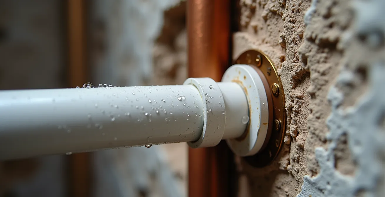 Dettaglio macro di tubazione scarico condensa integrata nella parete durante ristrutturazione