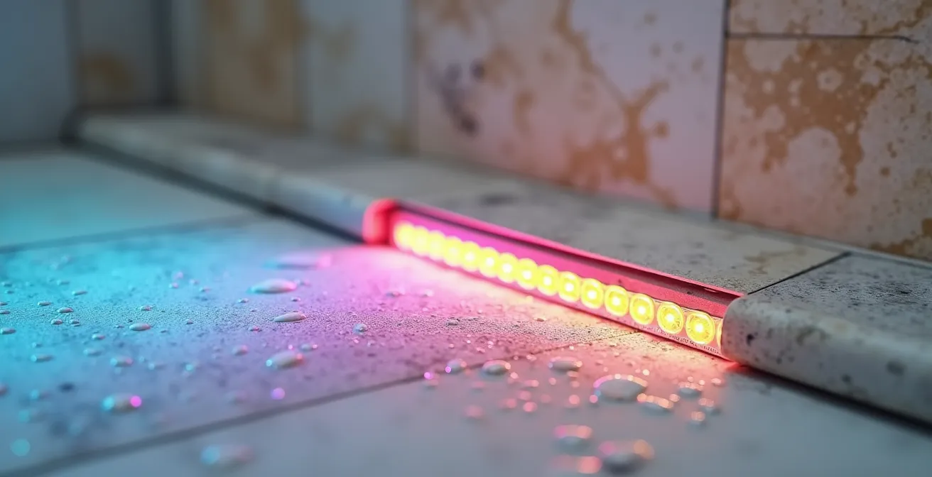 Dettaglio di profili LED RGB nascosti in una nicchia della doccia con effetto luce diffusa