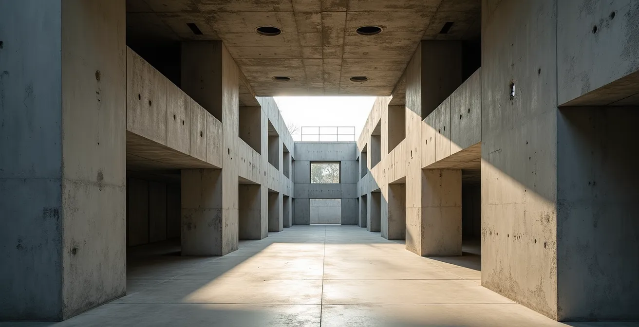 Vista interna di una casa anni '70 con interventi strutturali moderni visibili