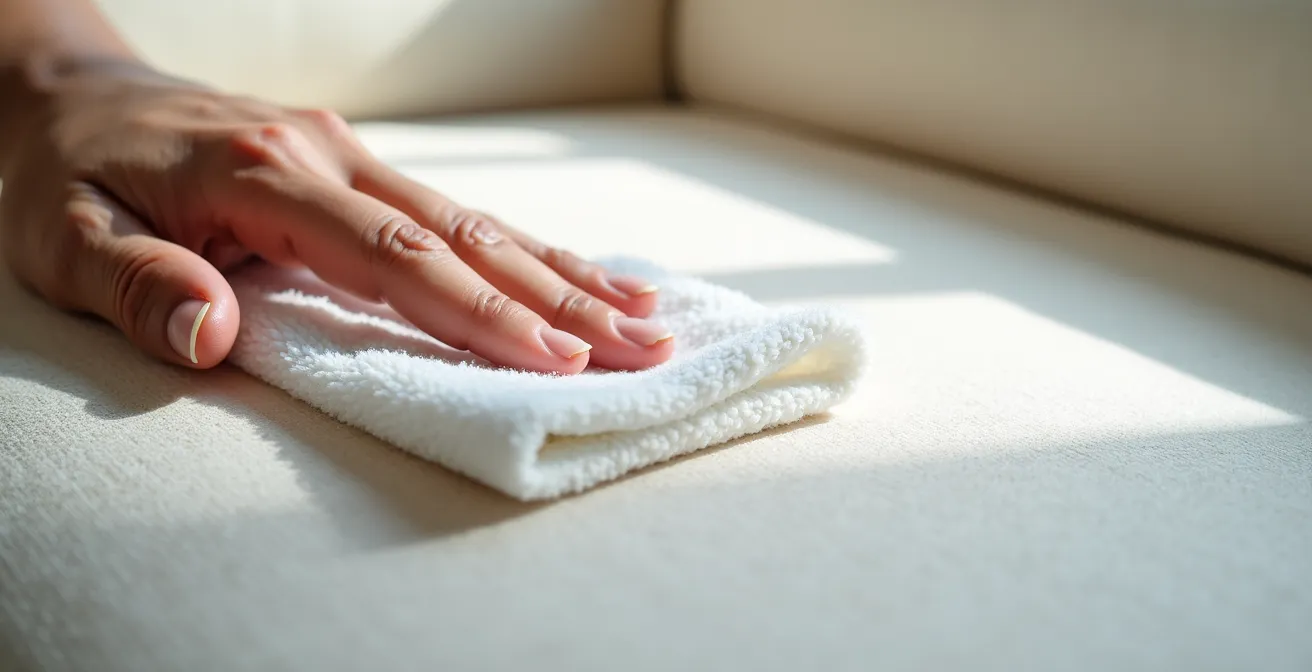 Mano che tampona delicatamente una macchia su tessuto antimacchia con panno bianco e acqua