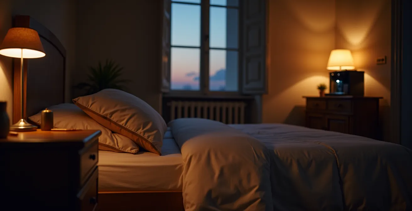 Camera da letto italiana al crepuscolo con automazioni smart in azione