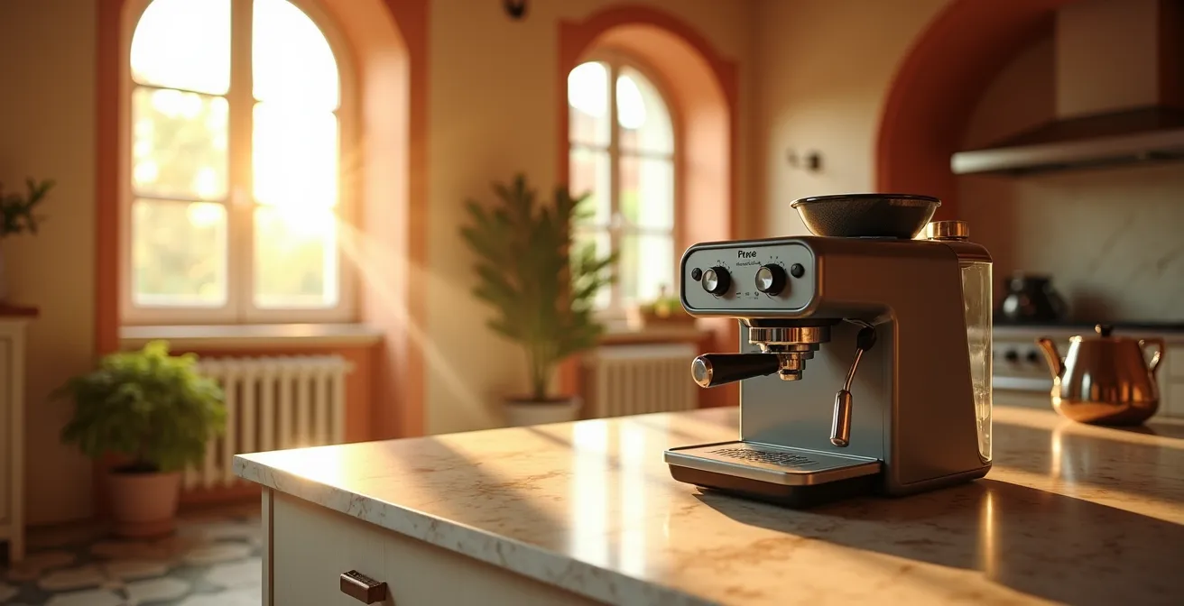 Cucina italiana moderna con macchina del caffè smart al mattino