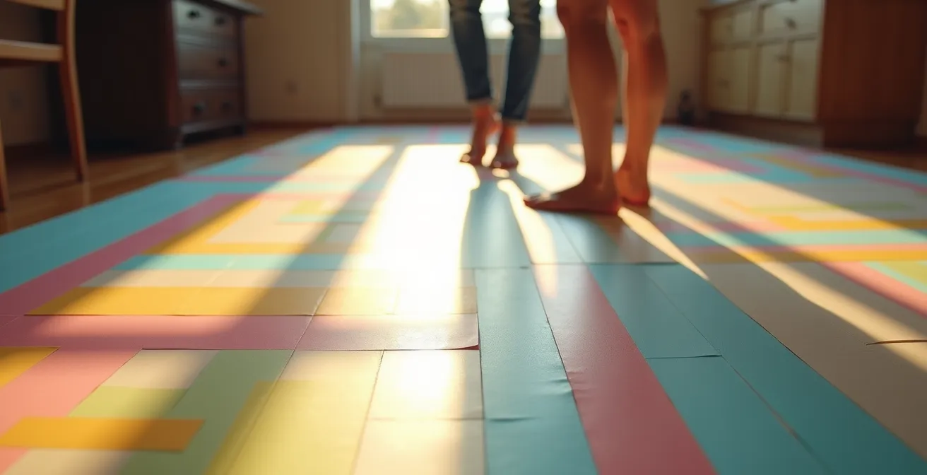 Pavimento con tracciato in nastro colorato che simula la disposizione della futura cucina