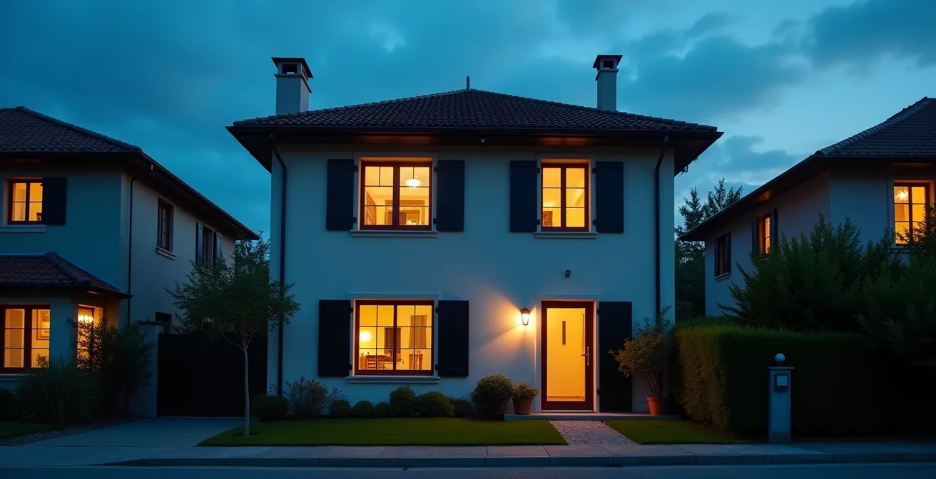 Vista esterna di una casa italiana al crepuscolo con luci che si accendono in sequenza