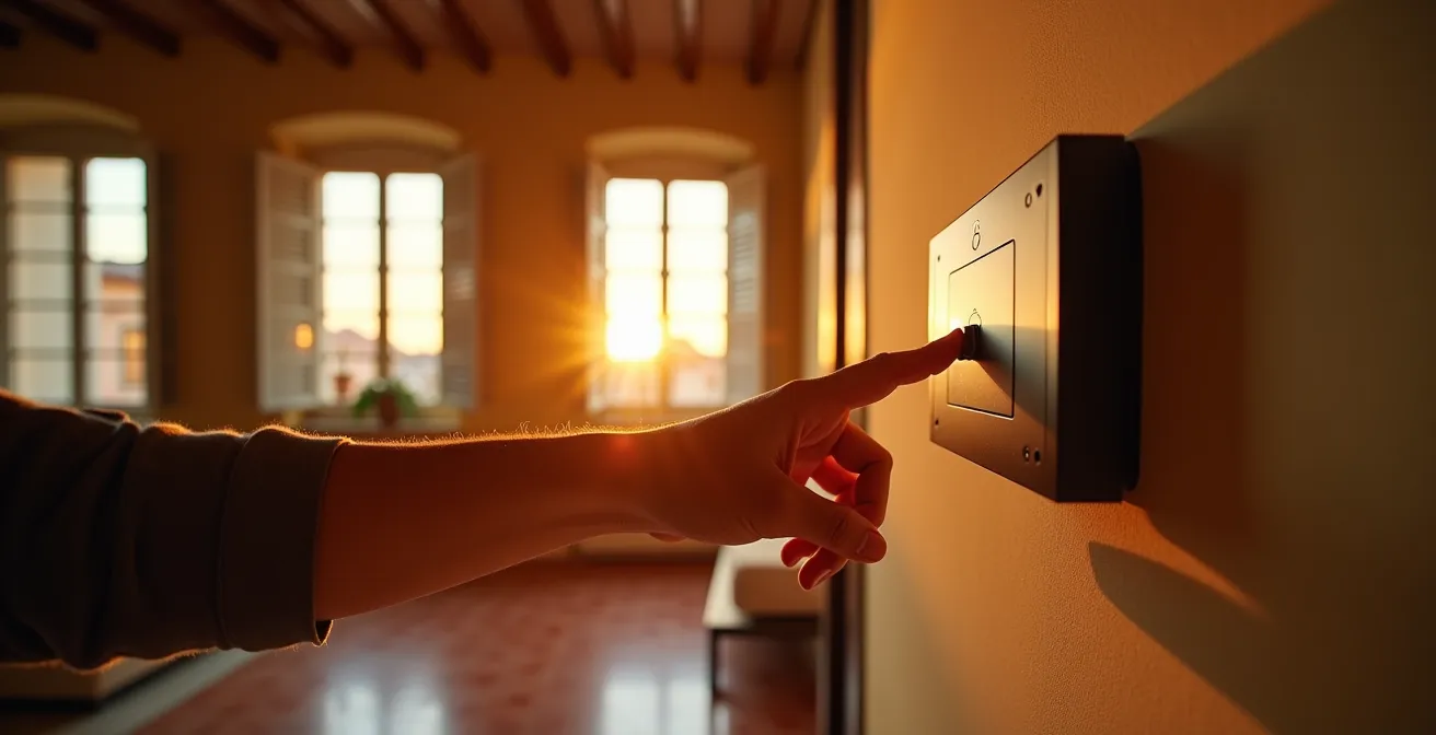 Interno di soggiorno italiano con tapparelle motorizzate semi-abbassate e illuminazione d'atmosfera