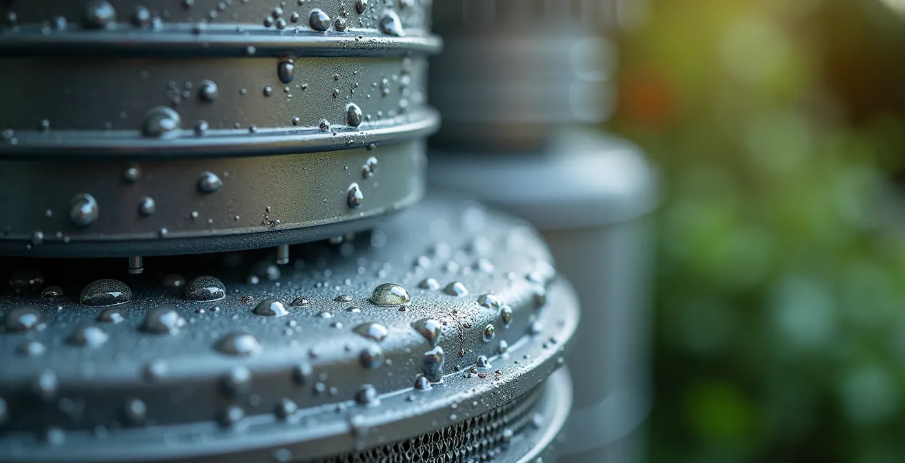 Dettaglio macro del sistema di filtraggio a tre livelli per cisterna acqua piovana