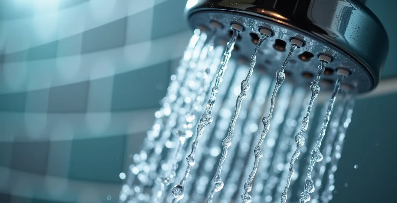 Dettaglio macro di getti d'acqua da soffione doccia effetto cascata