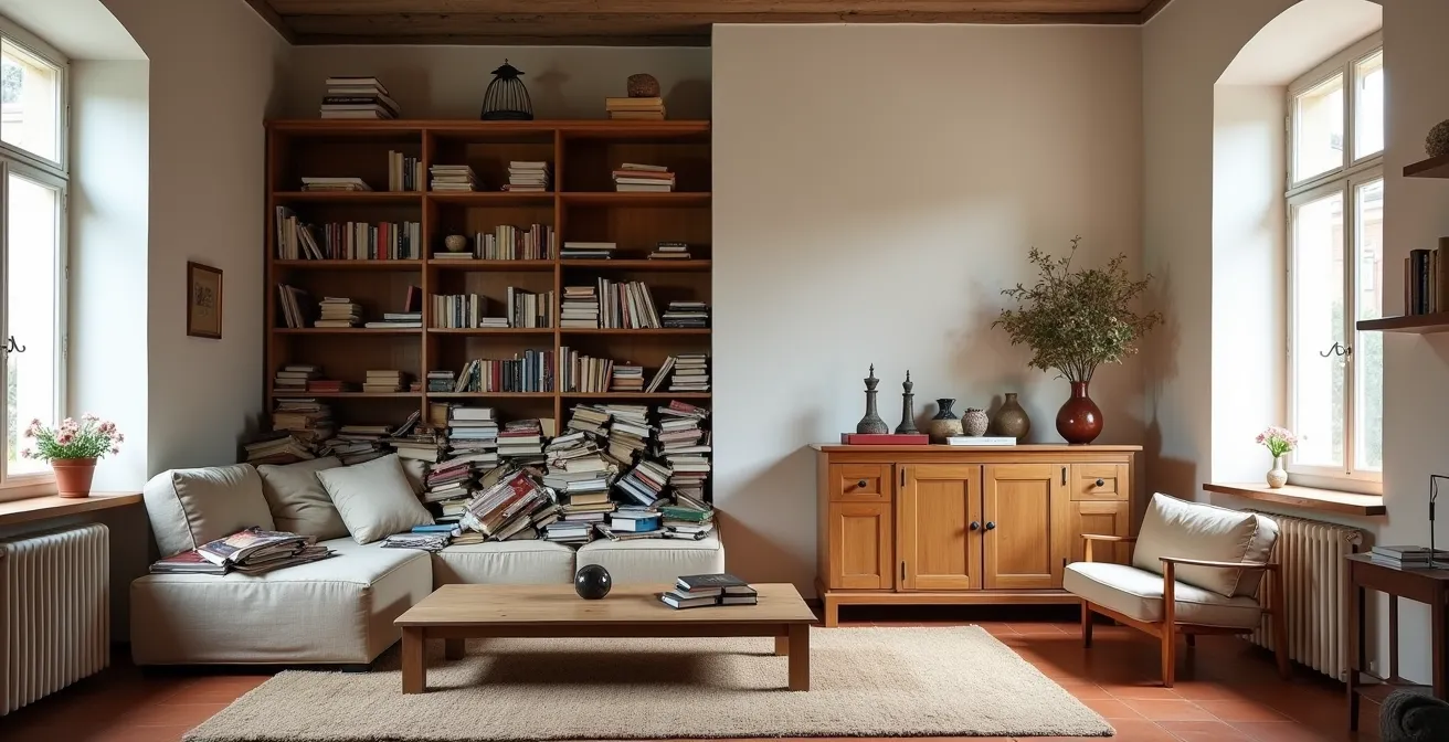 Confronto visivo di un soggiorno italiano prima e dopo la riduzione degli oggetti esposti