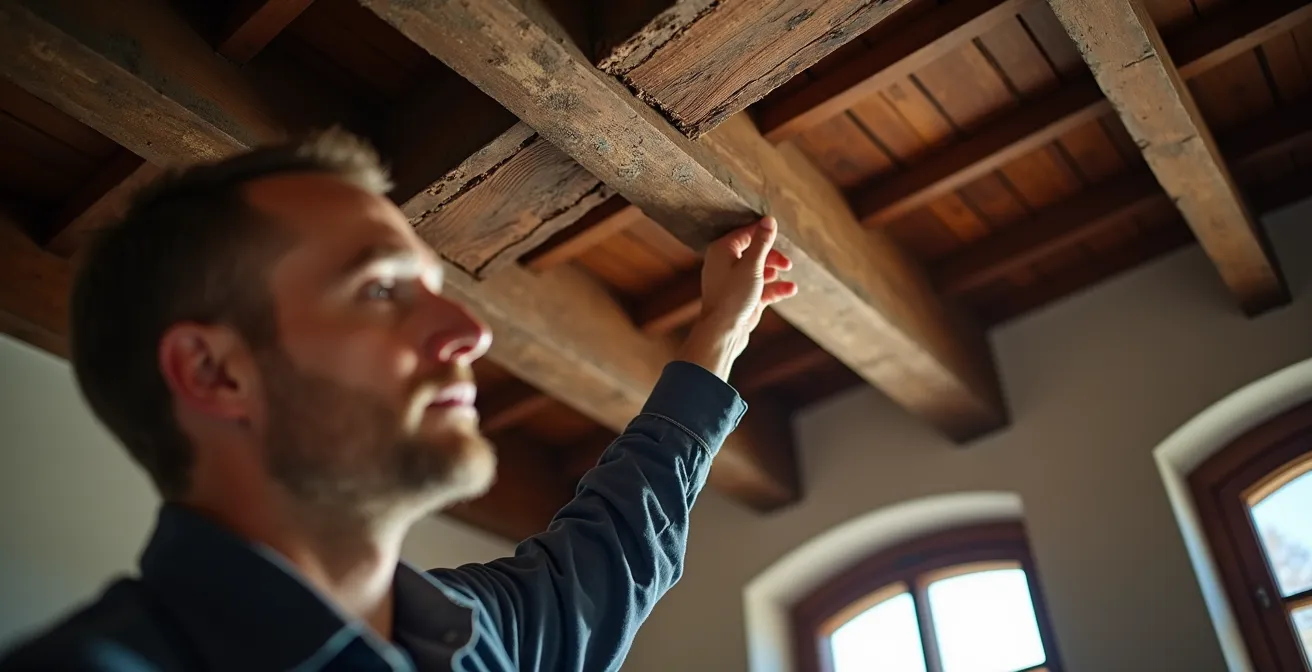 Vista dal basso di un solaio ligneo storico restaurato con travi a vista e decorazioni originali