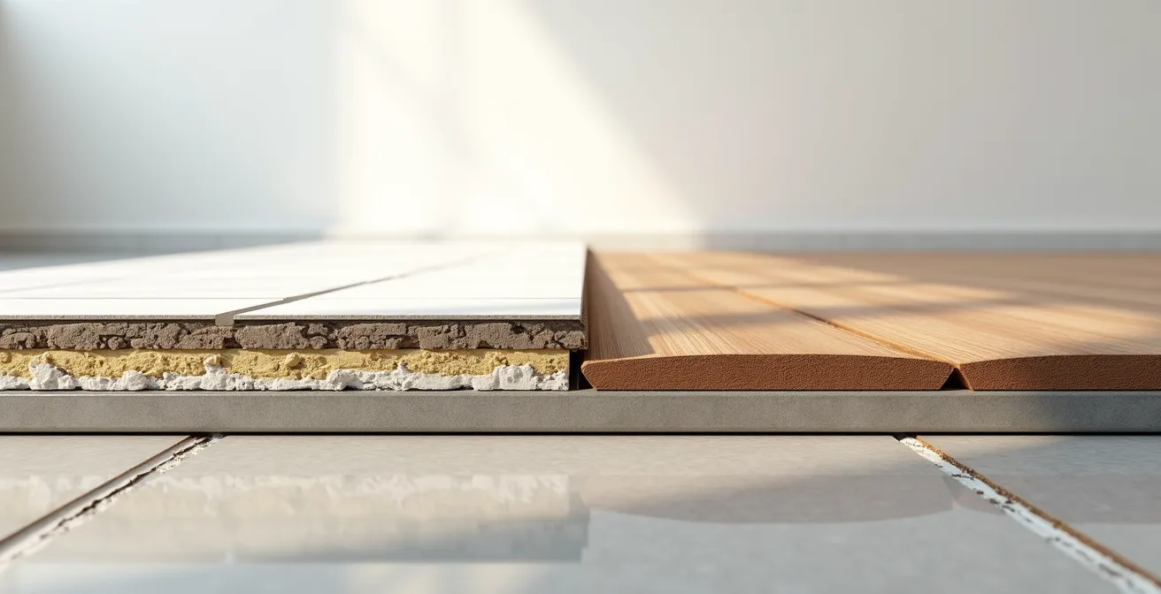 Vista laterale di parquet posato sopra vecchie piastrelle con strati visibili