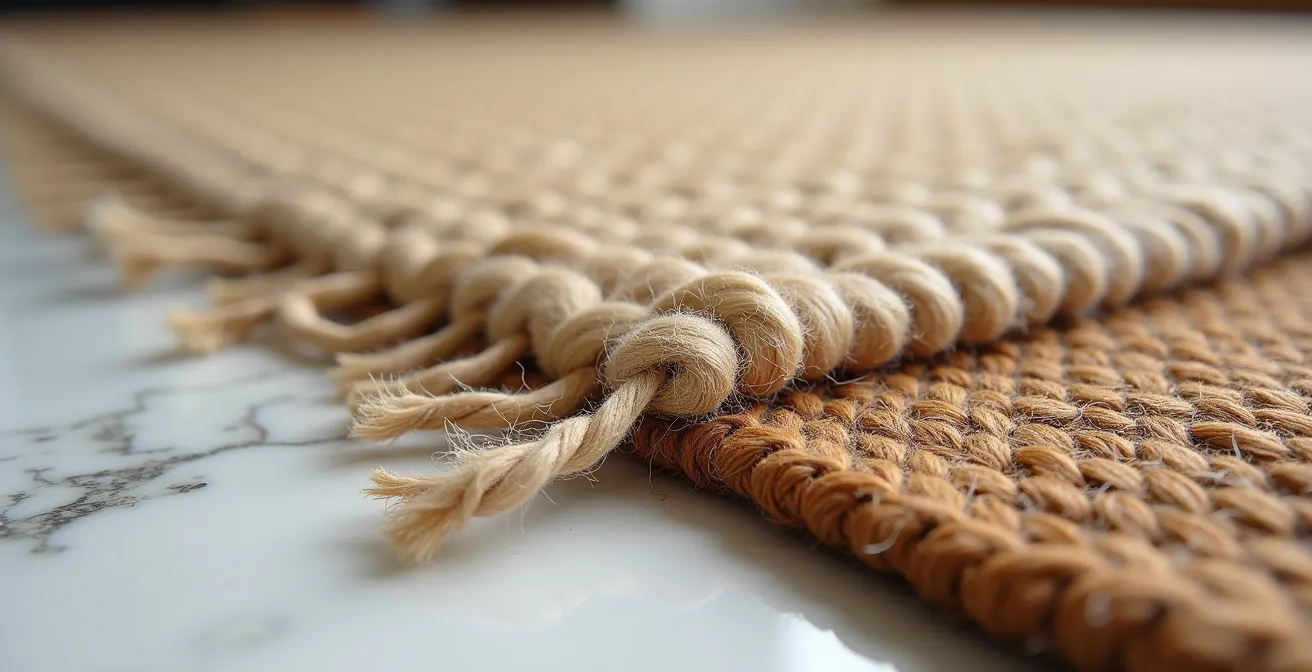 Due tappeti sovrapposti in soggiorno con pavimento in marmo italiano, che mostrano il contrasto tra la texture ruvida della base e quella morbida del tappeto superiore.